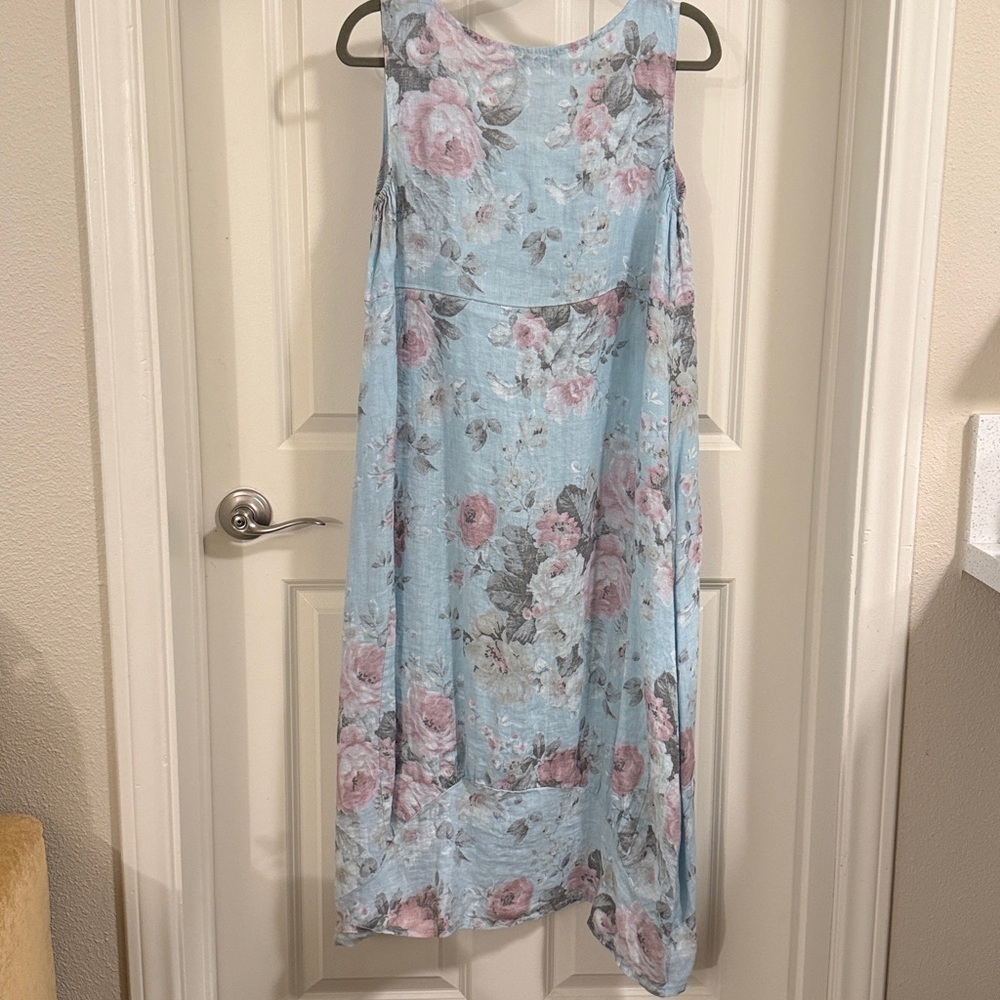 Angela Mara 100% linen Floral Sleeveless Blue Dress with pockets cabbage rose - Picture 6 of 9
